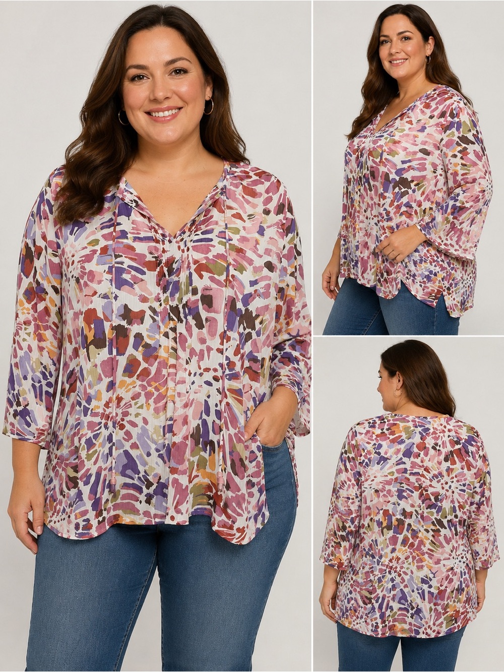 Susan Graver Abstract Multicolor Print V Neck Tunic Blouse 1X
